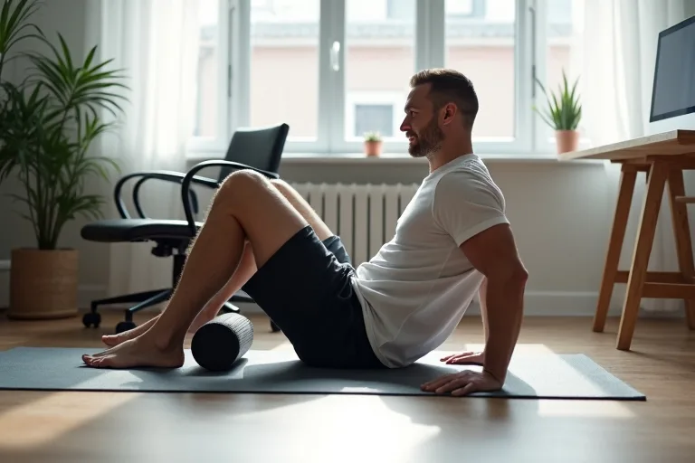 Man använder foam roller hemma för att minska stelhet och återhämta sig efter en dag vid skrivbordet