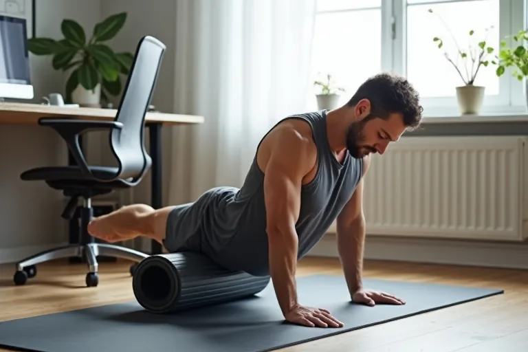 Närbild på en foam roller vid en träningsmatta med fokus på enkel återhämtning hemma