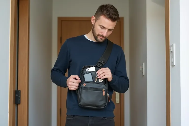 Man som provar hur en sling bag sitter över axeln i en ljus hall