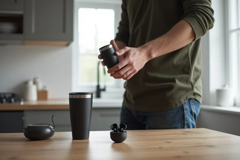 Man som jämför två teknikpresenter vid ett kök med fokus på att välja rätt.