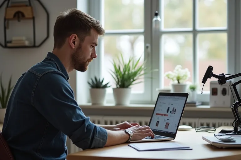 En man förbereder sin portfolio för en jobbansökan vid skrivbordet