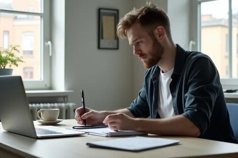 Man som planerar ett arbetsprov med laptop och anteckningar på ett rent skrivbord
