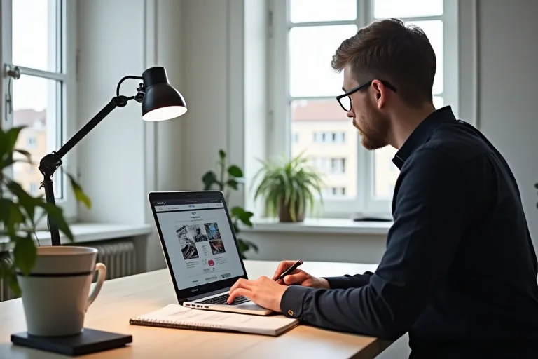 Man väljer ut projekt för en jobbportfolio vid datorn