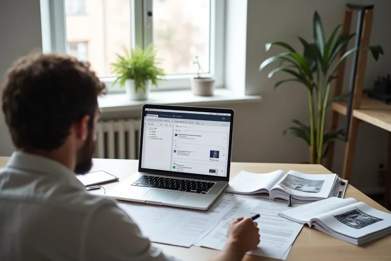 En man som sorterar exempel till en portfolio utifrån relevans för en specifik tjänst.