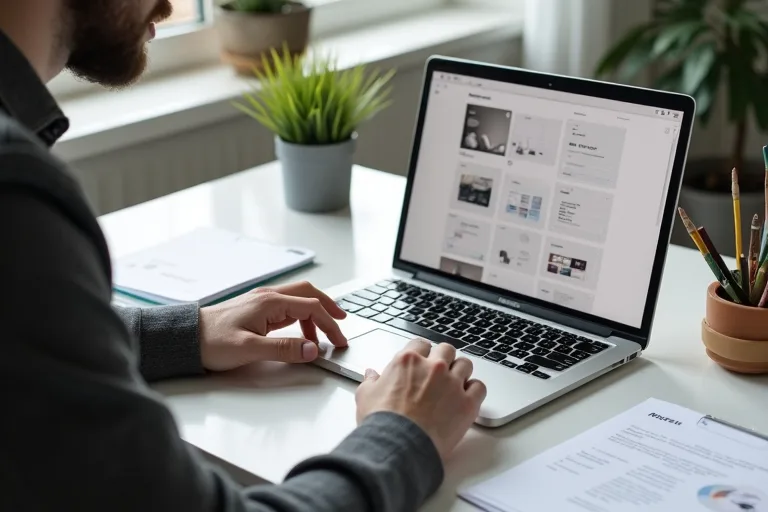En man som förbereder en portfolio för jobbansökan vid ett skrivbord med dator och arbetsprover.