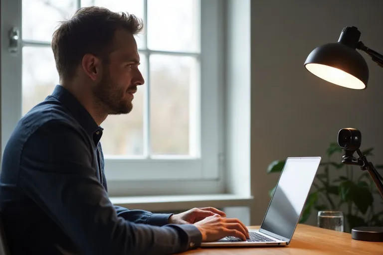 Man förbereder sig för en videointervju hemifrån vid en dator med bra ljus och ren bakgrund