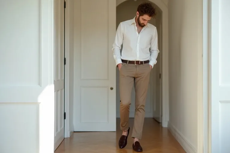 En man som provar loafers med chinos och skjorta i en ljus hall