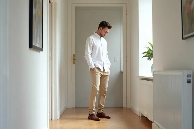 Närbild på en man som testar passformen på loafers med chinos