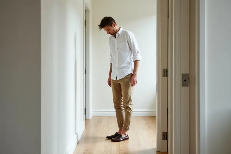 En man som justerar sin outfit med loafers, byxor och strumpor