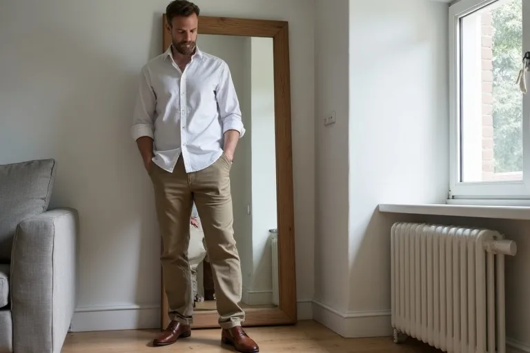 Man i chinos och vit skjorta som provar bruna loafers framför en spegel