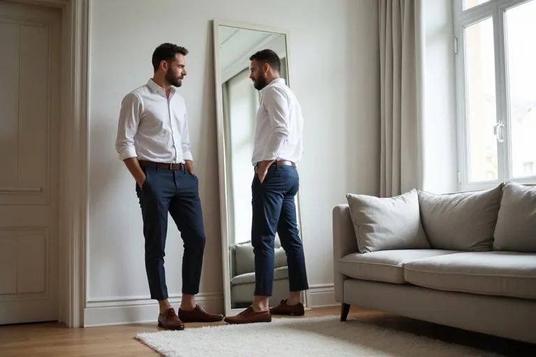 Man som matchar loafers med dressade byxor i en uppklädd vardagslook