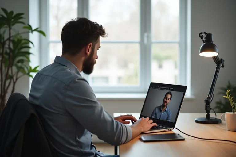 En man förbereder sig för videointervju hemma framför datorn i ett ljust och enkelt hemmakontor