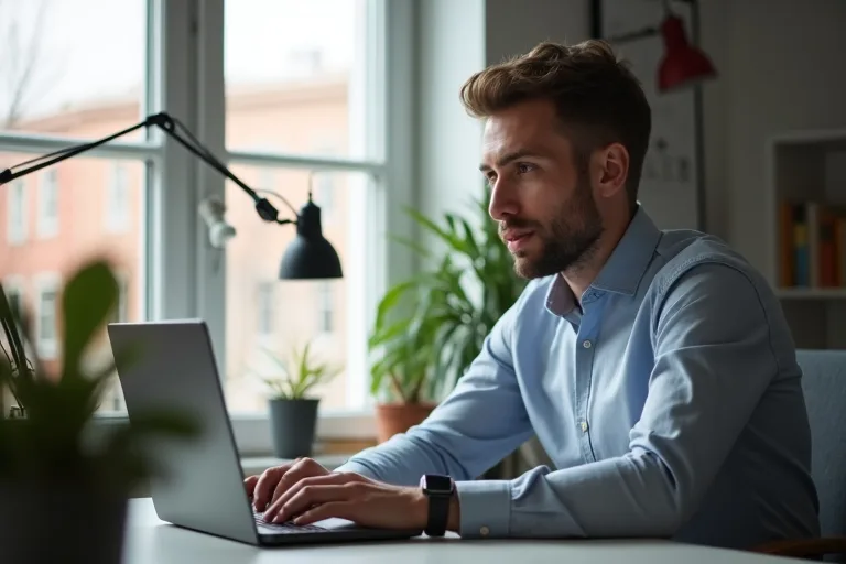 Man i smart casual-kläder som justerar sitt intryck inför en videointervju hemma