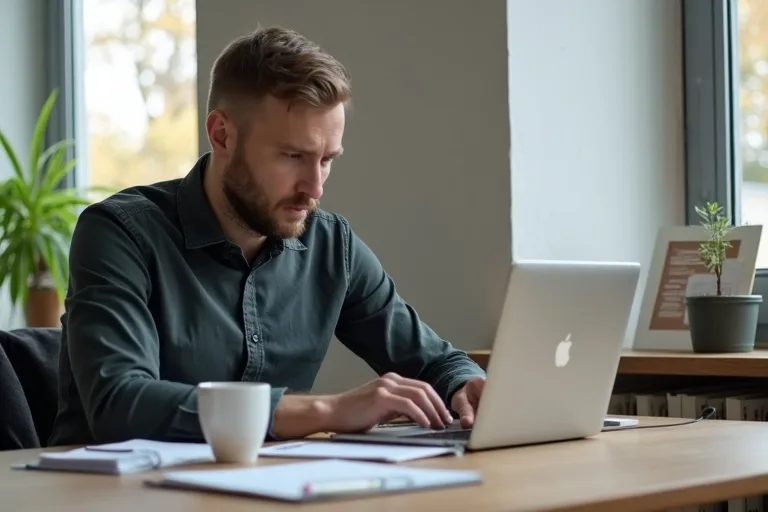 En man planerar ett arbetsprov i små steg vid skrivbordet med dator och anteckningar.