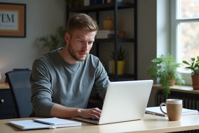 En man förbereder ett arbetsprov vid en dator i ett lugnt och välordnat hemmakontor.