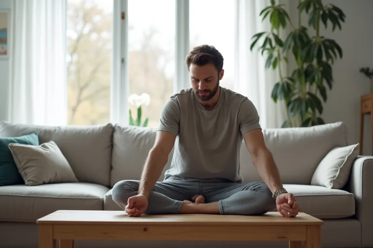 En man som använder ett enkelt stretchupplägg för rygg och höfter efter jobbet