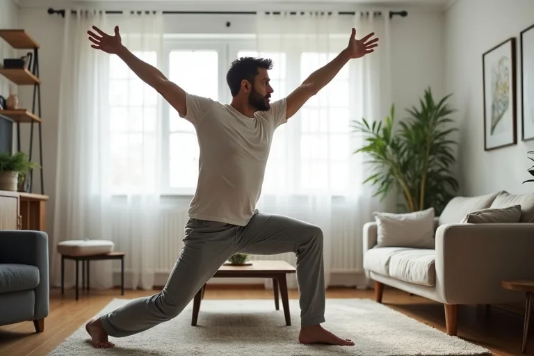 En man som gör enkel stretching för stel rygg och höfter efter jobbet
