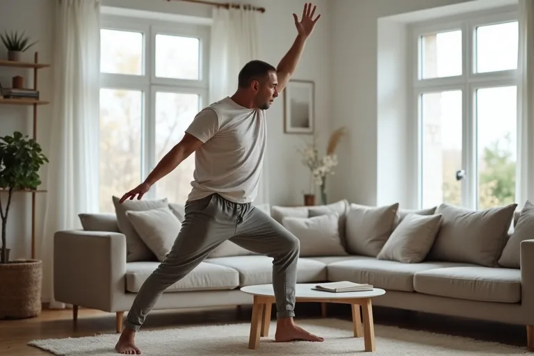 En man som stretchar höfter och ben efter en lång arbetsdag hemma