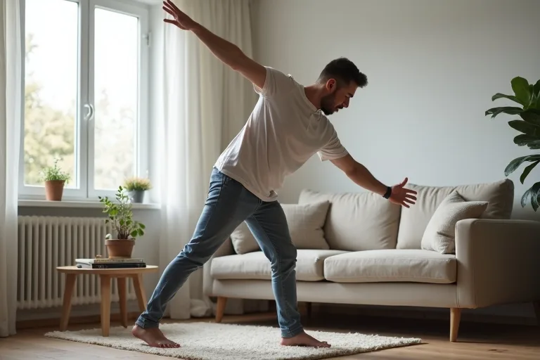 En man stretchar hemma efter jobbet för att minska stelhet