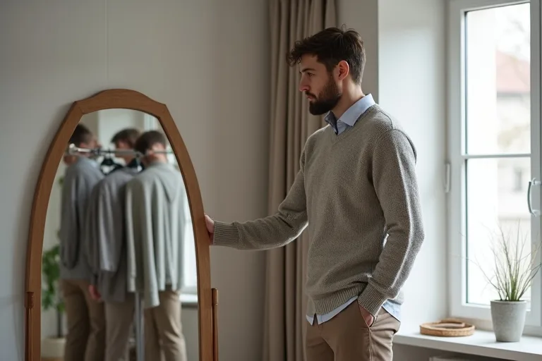 Man håller en stickad tröja och bedömer material och användning i sin garderob
