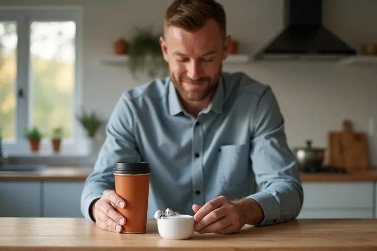 Man som väljer en praktisk present till pappa vid ett bord hemma