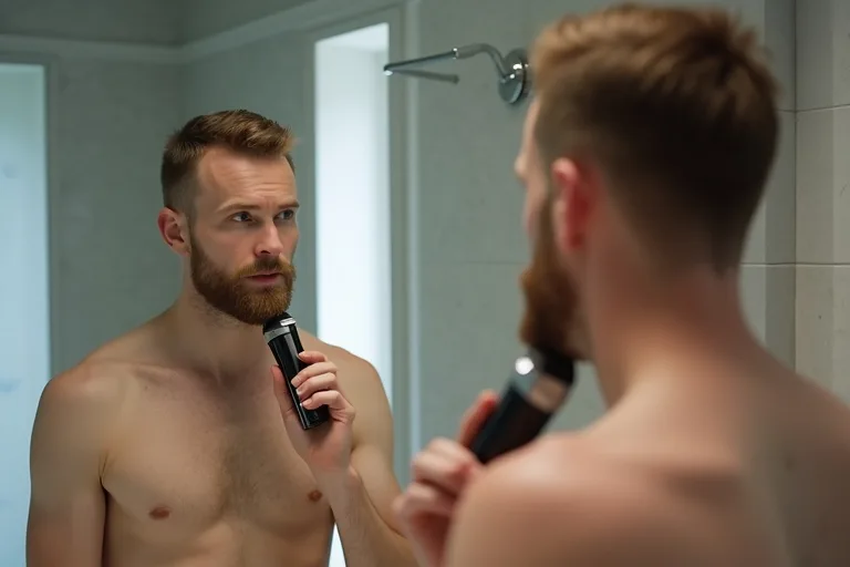 Man som använder Philips OneBlade framför badrumsspegeln i en enkel rakningsrutin