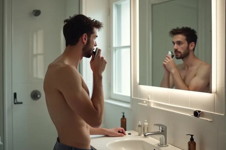 Philips OneBlade och tillbehör på ett rent badrumshandfat inför rakning