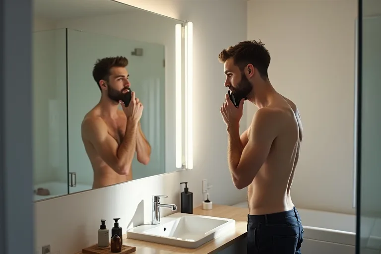 Närbild av man som formar skägglinjen med Philips OneBlade i badrumsmiljö