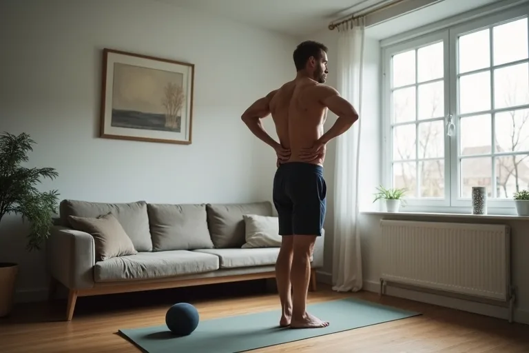 En man arbetar med lugn rörlighet för rygg och höfter hemma efter jobbet