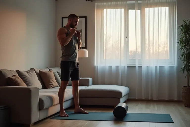 En man gör lugn stretching hemma efter jobbet bredvid en foam roller