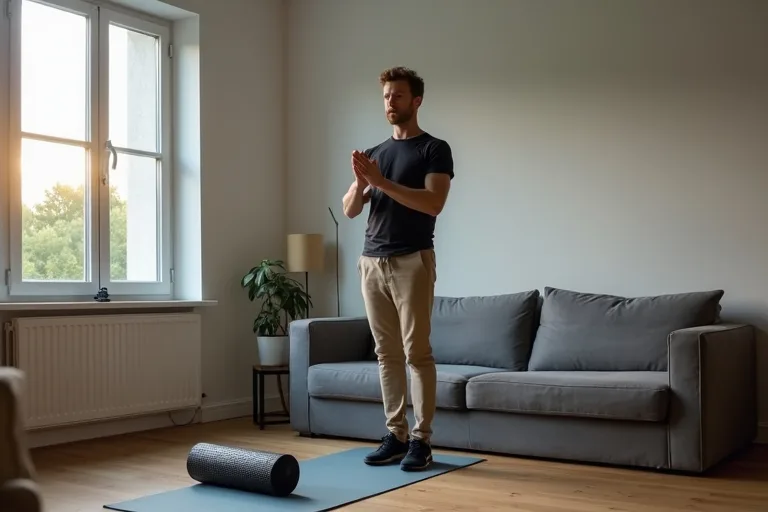 En man gör enkel rörlighet hemma i vardagsrummet efter en stillasittande arbetsdag
