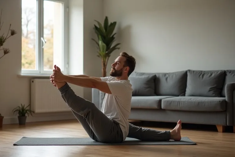 Man som stretchar lår och säte hemma efter jobbet på ett lugnt sätt