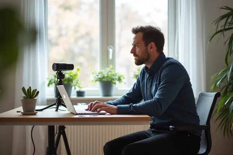 Bra kameravinkel och ljus för en videointervju hemifrån vid skrivbord
