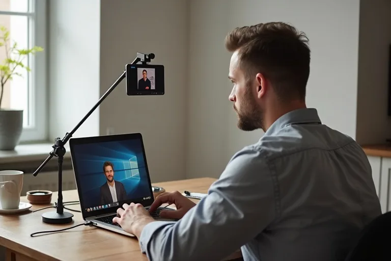 Man förbereder sig för en videointervju hemifrån vid ett skrivbord med dator och bra ljus