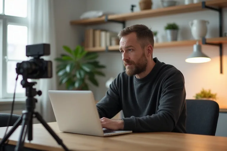 Mannen väljer en enkel och professionell klädsel inför videointervjun hemifrån