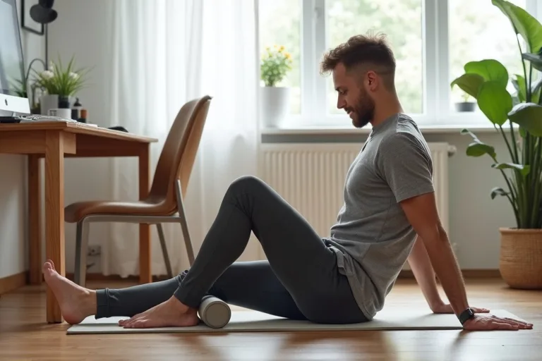 En man tar en kort rörelsepaus vid skrivbordet för att minska stelhet i vardagen.