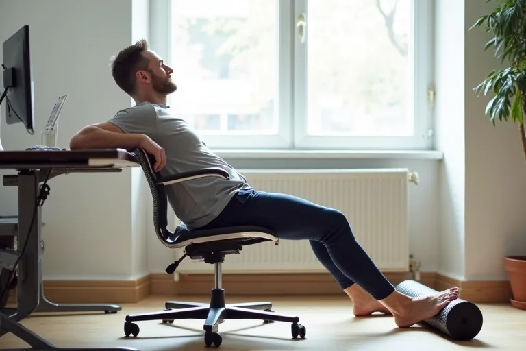 En man som sträcker ut kroppen bredvid skrivbordet med en foam roller nära till hands