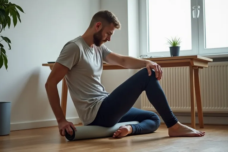 En man gör rörlighetsövningar och självmassage hemma för att minska stelhet efter mycket sittande.