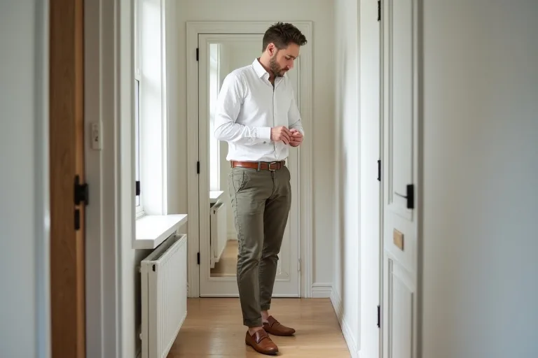 Man i loafers, chinos och vit skjorta i en modern hallmiljö