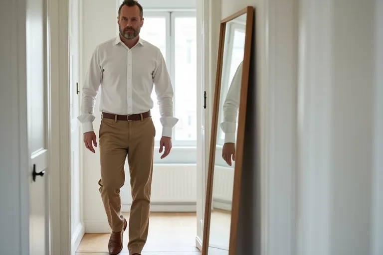 Vardagsoutfit med loafers, chinos och enkel överdel i dämpade färger