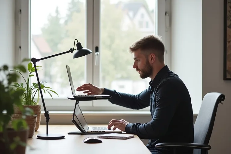 Man som justerar sitt hemmakontor med laptop på stativ för bättre ergonomi