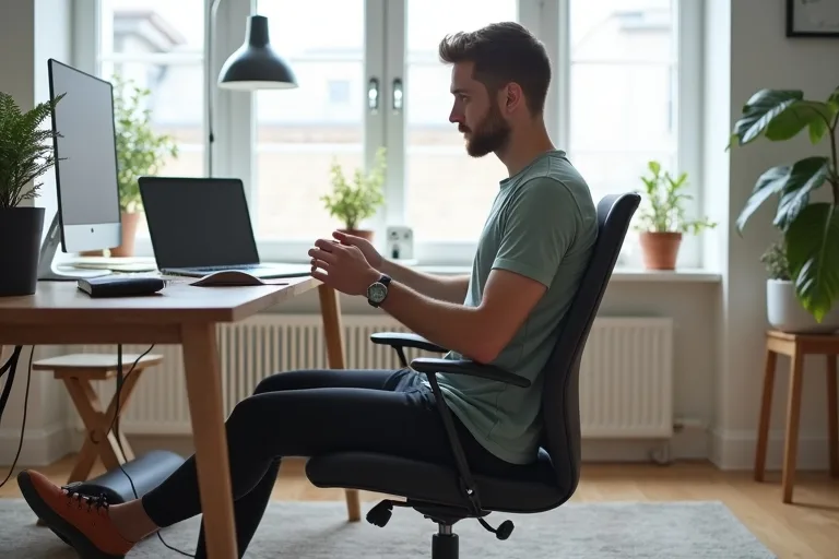 En man gör en enkel rörelsepaus vid skrivbordet med en foam roller bredvid sig
