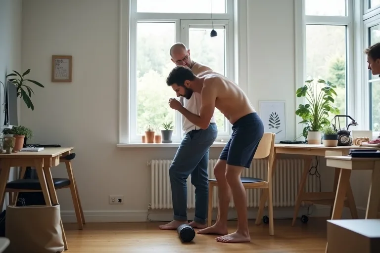 Kontorsman som gör enkla rörlighetsrörelser för nacke och axlar hemma