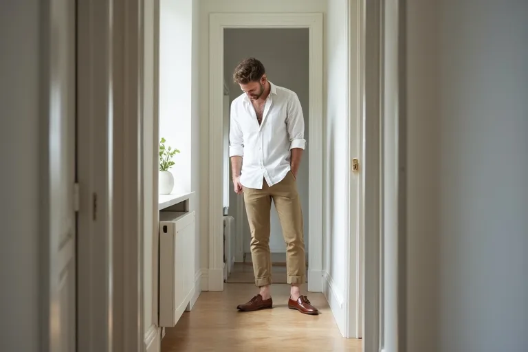 Man som provar loafers med chinos och skjorta framför en spegel