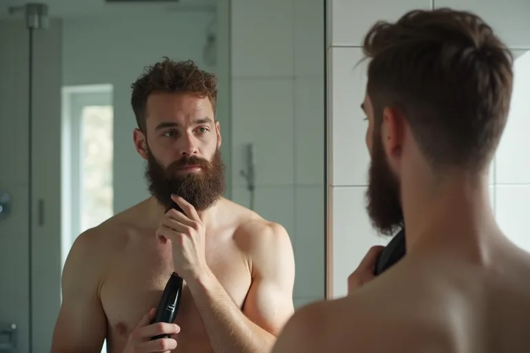 Närbild av en man som justerar skägglinjen med trimmer vid badrumsspegeln