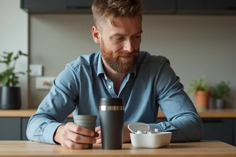 Man som jämför presentidéer till pappa vid ett köksbord