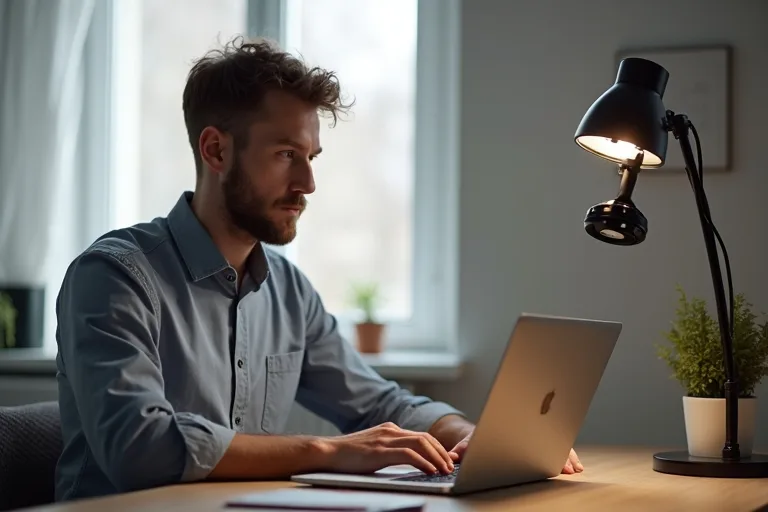 Svensk man som väljer en lugn plats hemma inför videointervju