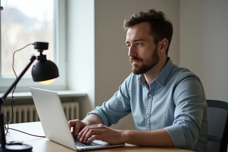 Man förbereder sig för videointervju hemifrån vid en laptop i ett lugnt hemmakontor