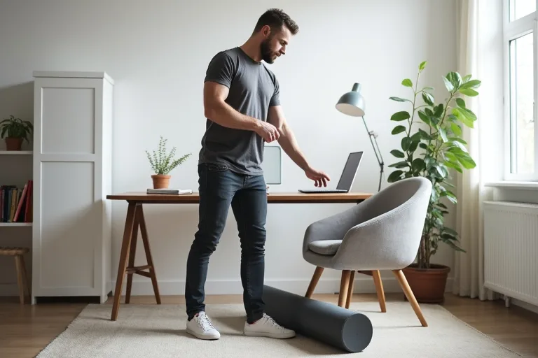Man som gör en enkel rörlighetsövning vid skrivbordet med en foam roller bredvid