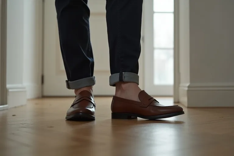 Budgetloafers kombinerade med enkel vardagsstil i ett neutralt inomhusljus